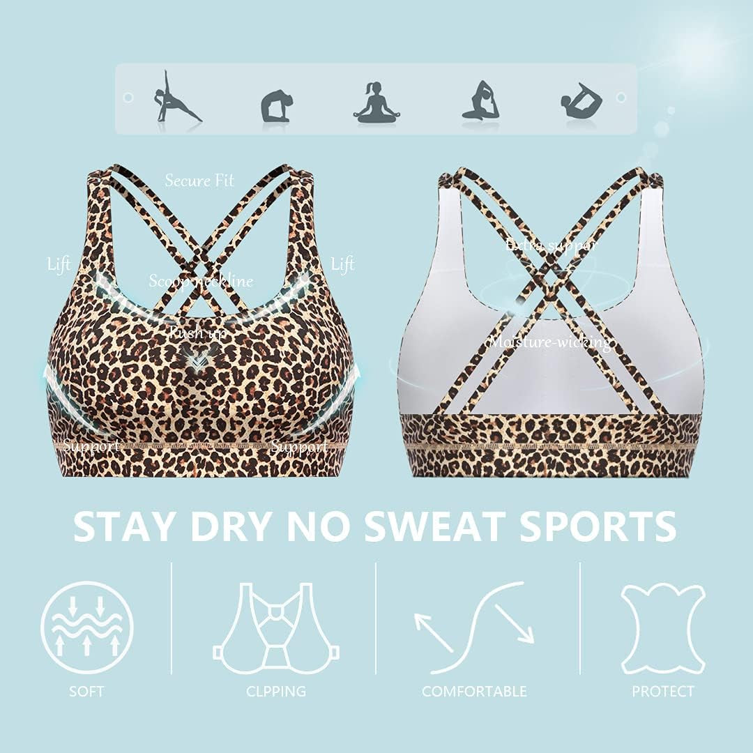 Strappy Yoga Workout Sports Bras for Women Criss Cross Back Medium Support Running Bra with Removable Cups