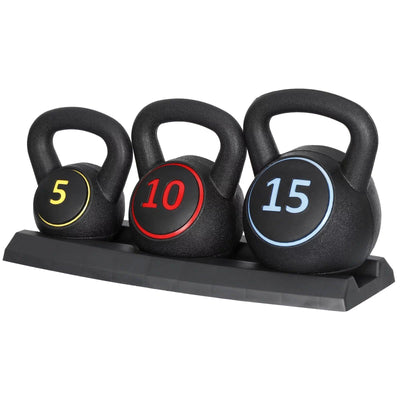3-Piece Kettlebell Set with Storage Rack Home Gym Exercise Fitness Weights.
