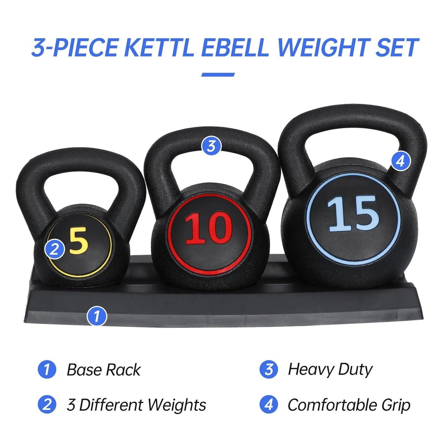 3-Piece Kettlebell Set with Storage Rack Home Gym Exercise Fitness Weights.