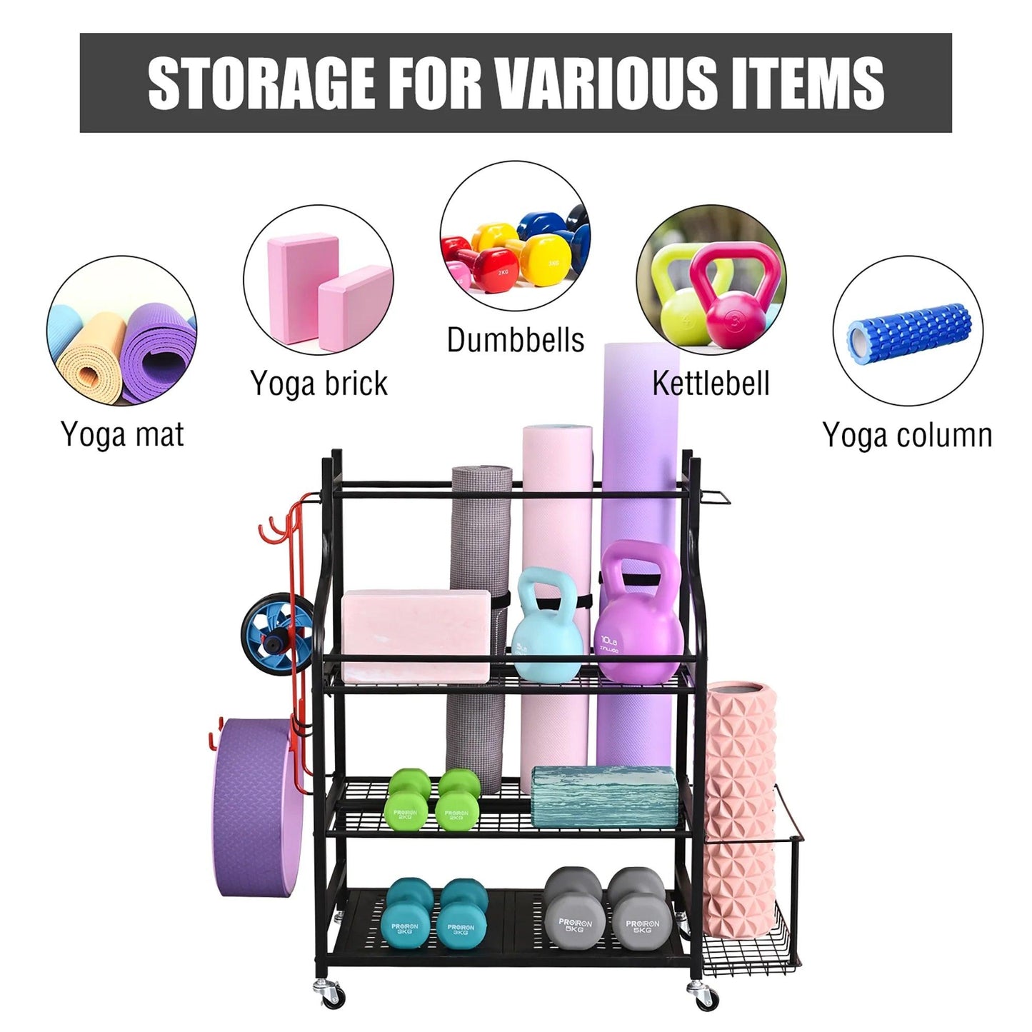 Yoga Mat Storage Racks,Home Gym Storage Rack for Dumbbells Kettlebells Foam Roller, Yoga Strap and Resistance Bands, Workout Equipment Storage Organizer with Hooks and Wheels.