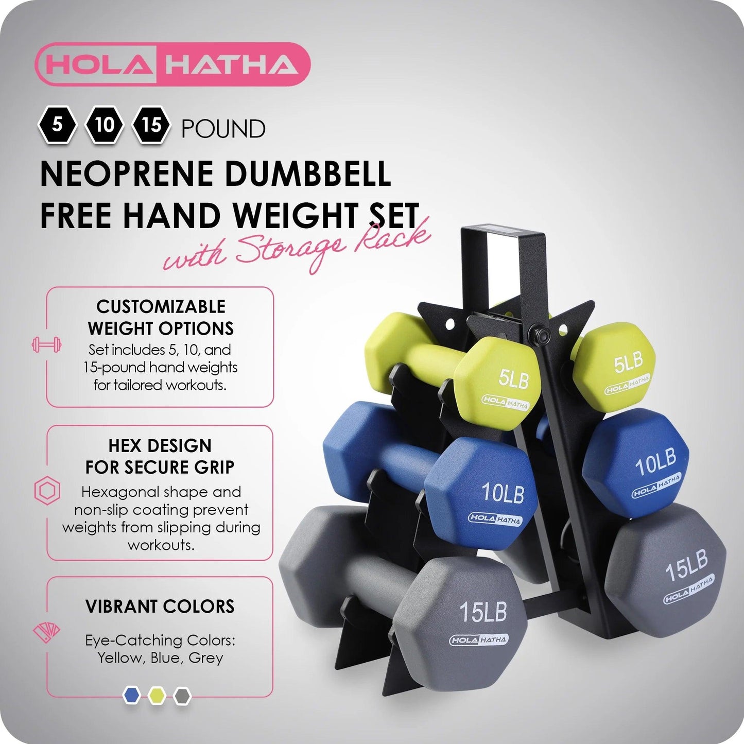 5, 10, and 15 Lb Neoprene Dumbbell Free Hand Weight Set & Rack.