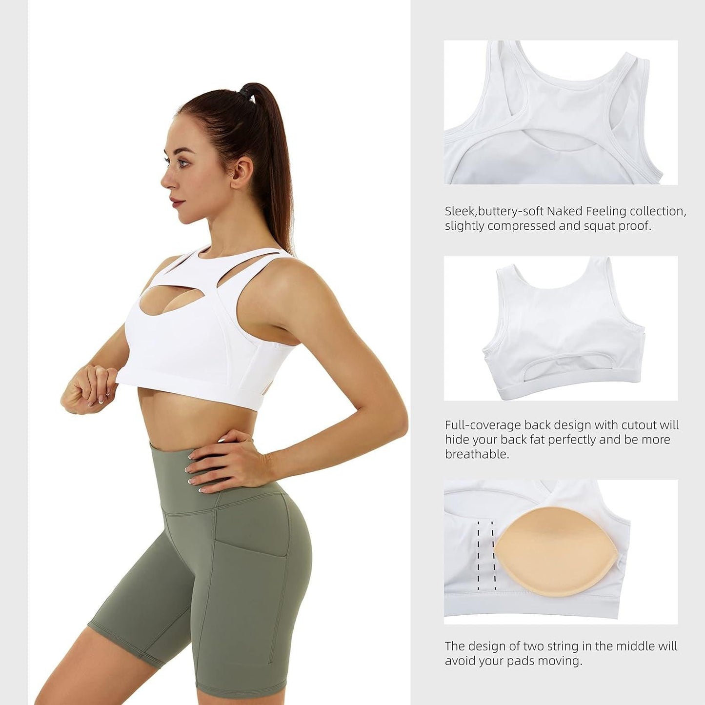 Womens Sports Bras, High Support White Sports Bras for Women Padded Push up Workout Gym Bra with Removable Cups.