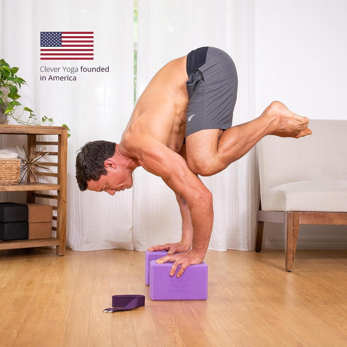 Blocks & Strap - Lighweight Foam Yoga Blocks 2 Pack with 8Ft Cotton Yoga Strap Set Kit for Beginners & Pros, Accessories & Equipment for Women & Men.