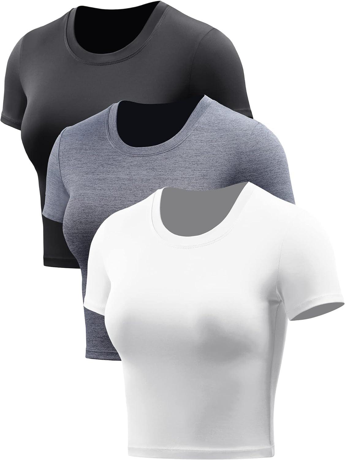 Women'S Dry Fit Crop Top Yoga Short Sleeve Shirts Crew Neck Athletic Running Tee 3 Pieces.