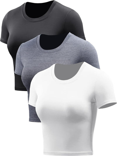 Women'S Dry Fit Crop Top Yoga Short Sleeve Shirts Crew Neck Athletic Running Tee 3 Pieces.