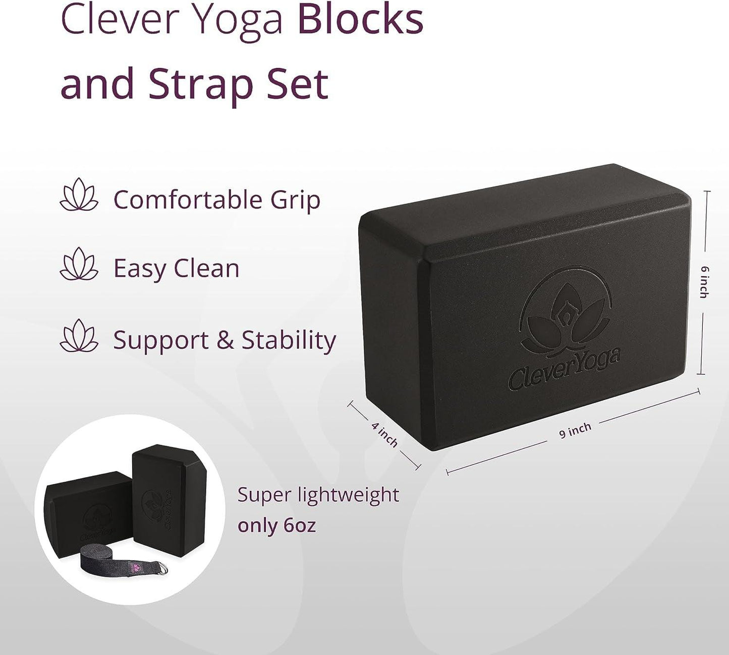 Blocks & Strap - Lighweight Foam Yoga Blocks 2 Pack with 8Ft Cotton Yoga Strap Set Kit for Beginners & Pros, Accessories & Equipment for Women & Men.