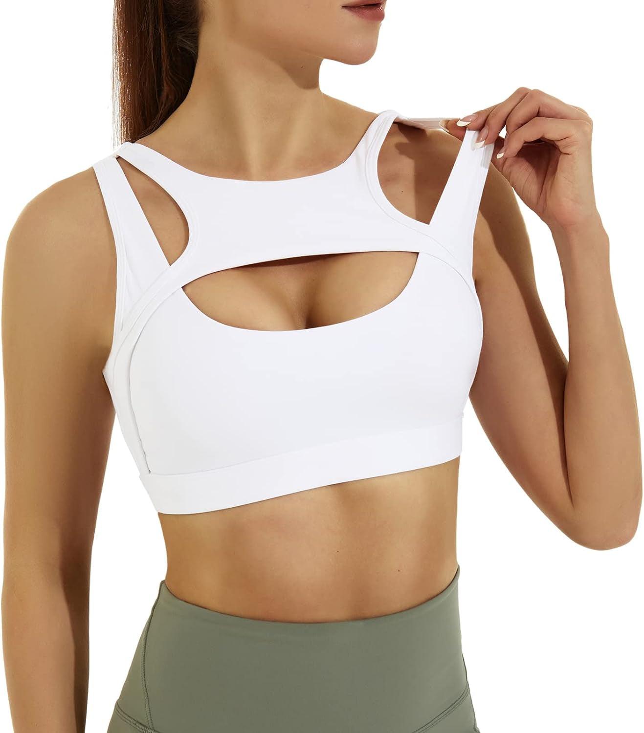 Womens Sports Bras, High Support White Sports Bras for Women Padded Push up Workout Gym Bra with Removable Cups.