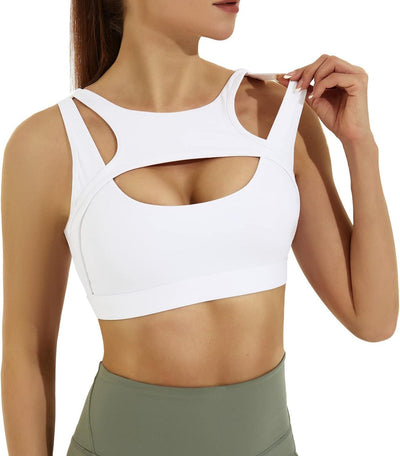 Womens Sports Bras, High Support White Sports Bras for Women Padded Push up Workout Gym Bra with Removable Cups.