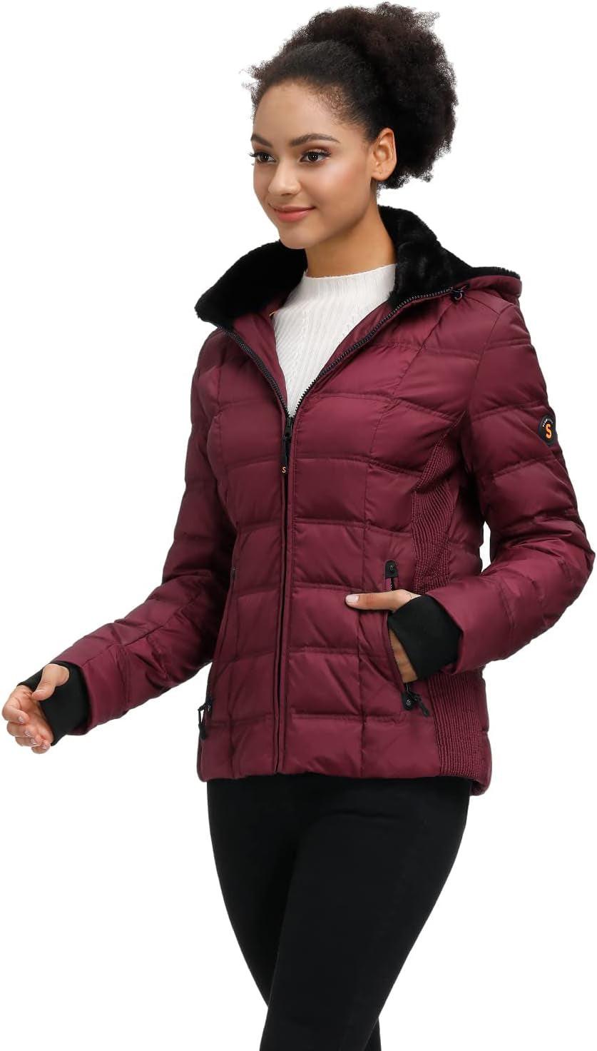 Women down Puffer Jacket Warm Hooded Winter down Puffer Coat with Faux-Fur Hood & Collar.