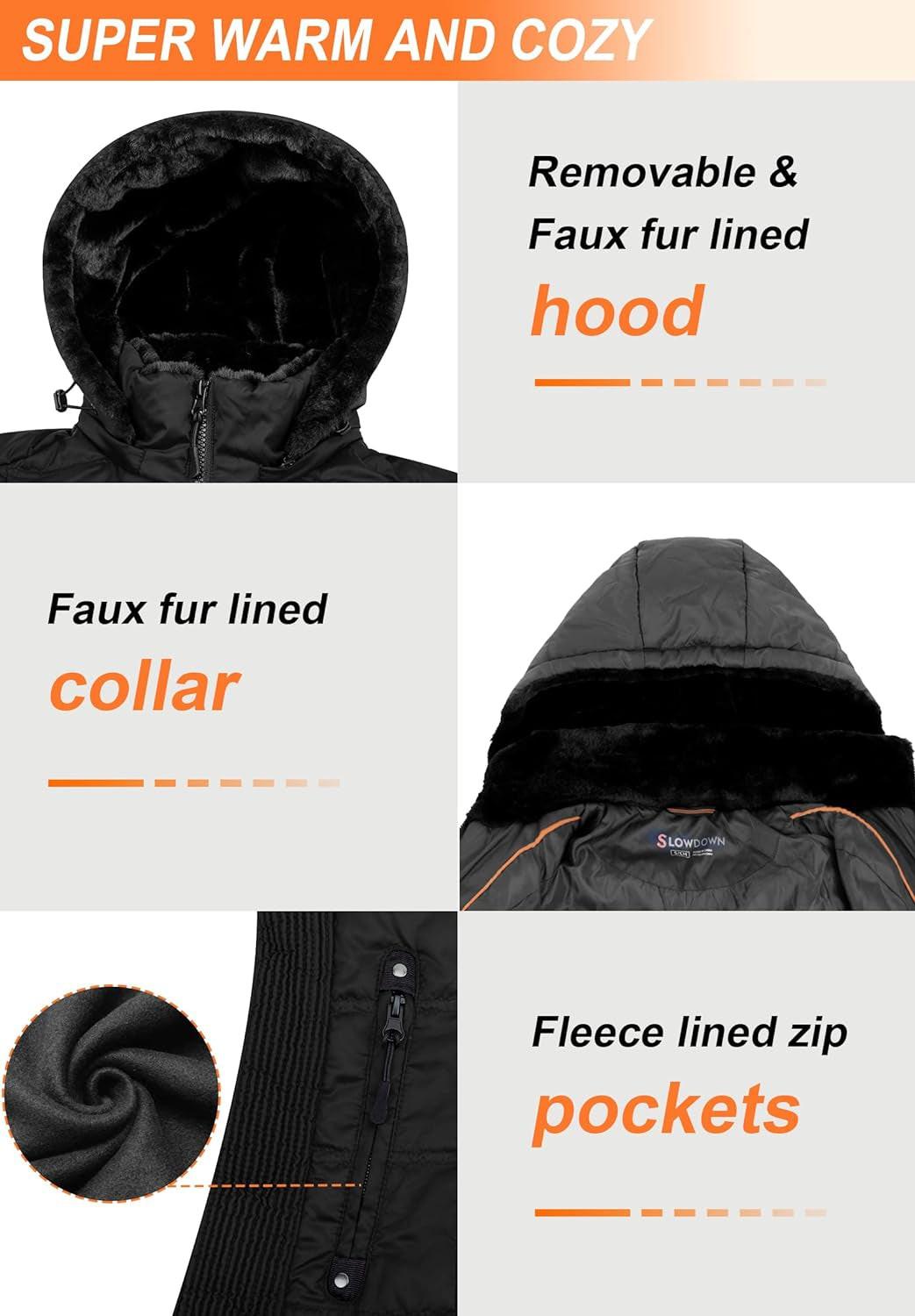 Women down Puffer Jacket Warm Hooded Winter down Puffer Coat with Faux-Fur Hood & Collar.