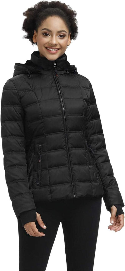 Women down Puffer Jacket Warm Hooded Winter down Puffer Coat with Faux-Fur Hood & Collar.