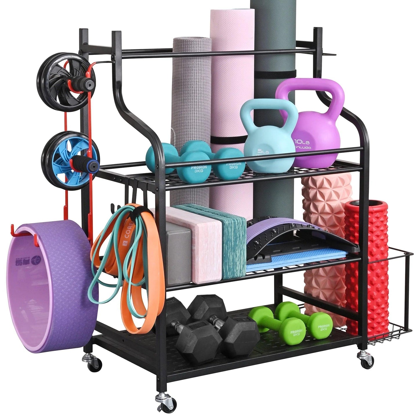 Yoga Mat Storage Racks,Home Gym Storage Rack for Dumbbells Kettlebells Foam Roller, Yoga Strap and Resistance Bands, Workout Equipment Storage Organizer with Hooks and Wheels.