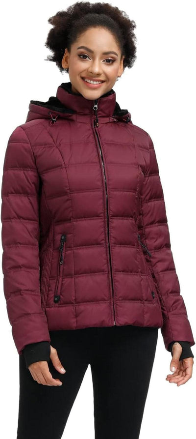 Women down Puffer Jacket Warm Hooded Winter down Puffer Coat with Faux-Fur Hood & Collar.