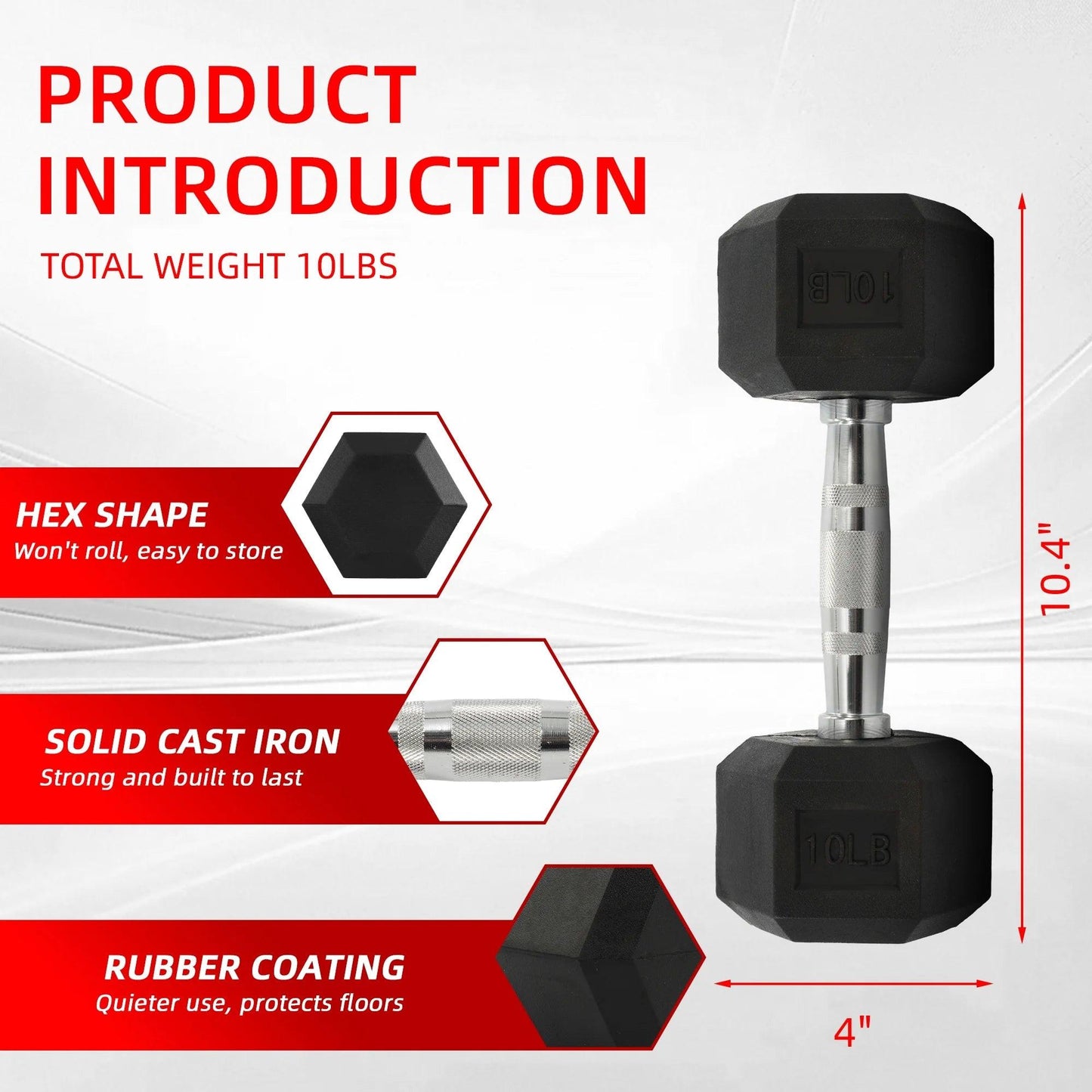 Rubber Encased Hex Dumbbell, Black, 10 Lb.