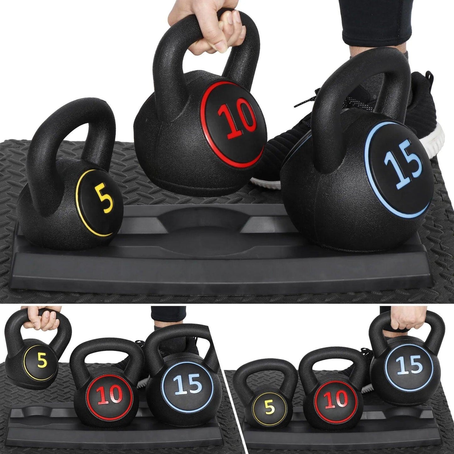 3-Piece Kettlebell Set with Storage Rack Home Gym Exercise Fitness Weights.