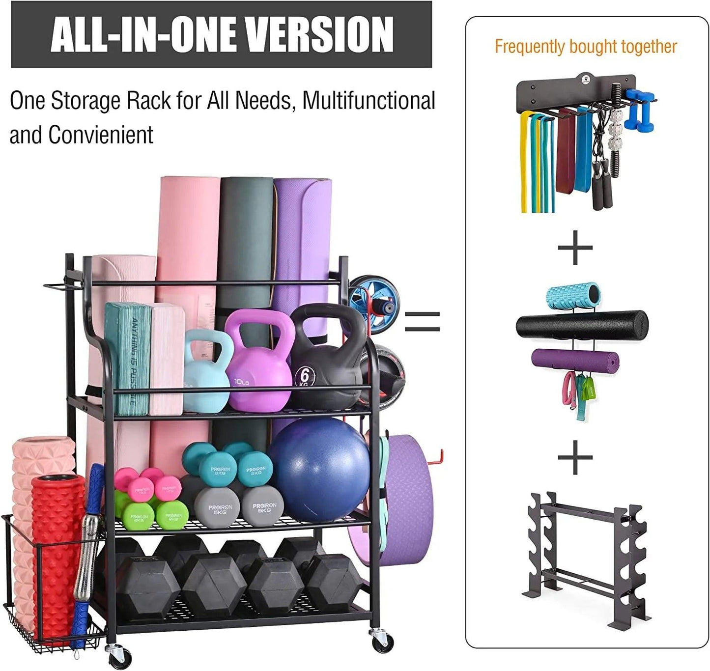 Yoga Mat Storage Racks,Home Gym Storage Rack for Dumbbells Kettlebells Foam Roller, Yoga Strap and Resistance Bands, Workout Equipment Storage Organizer with Hooks and Wheels.