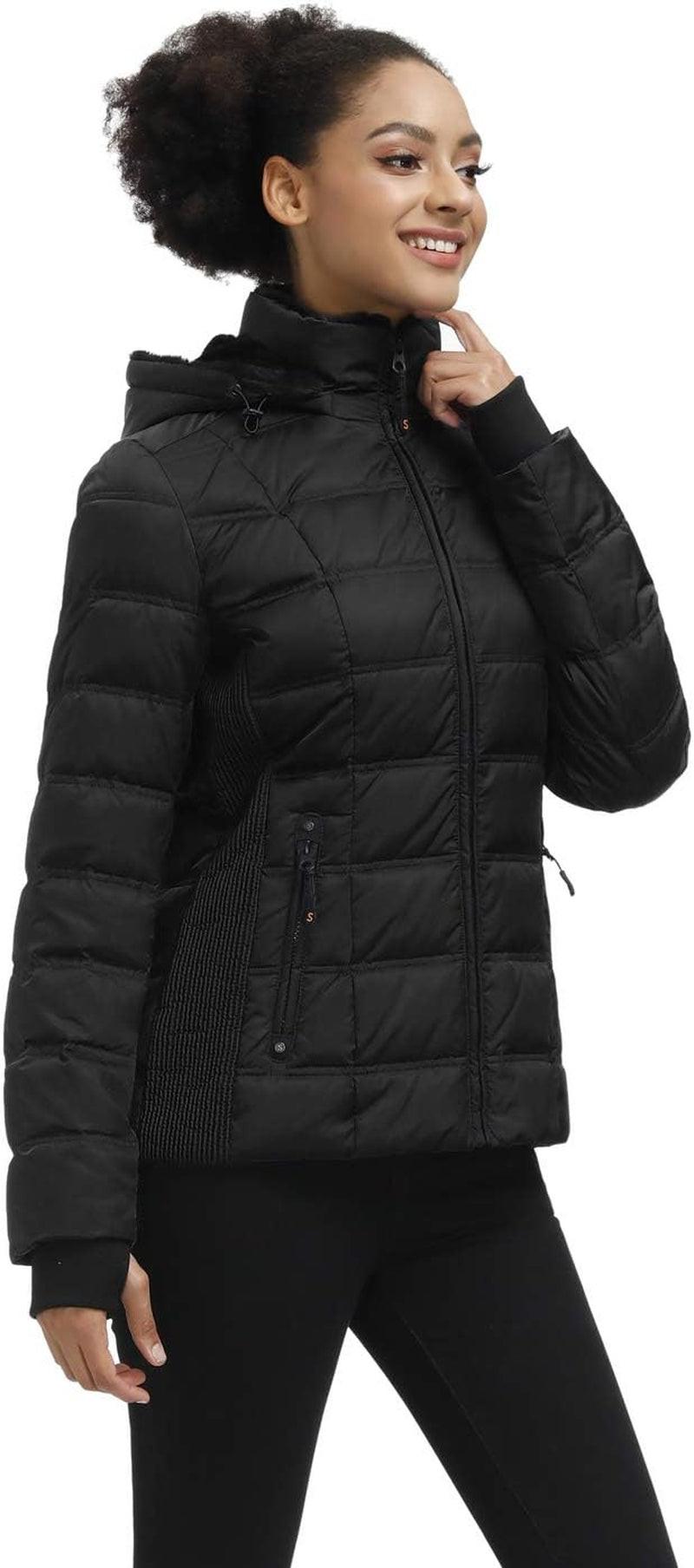 Women down Puffer Jacket Warm Hooded Winter down Puffer Coat with Faux-Fur Hood & Collar.