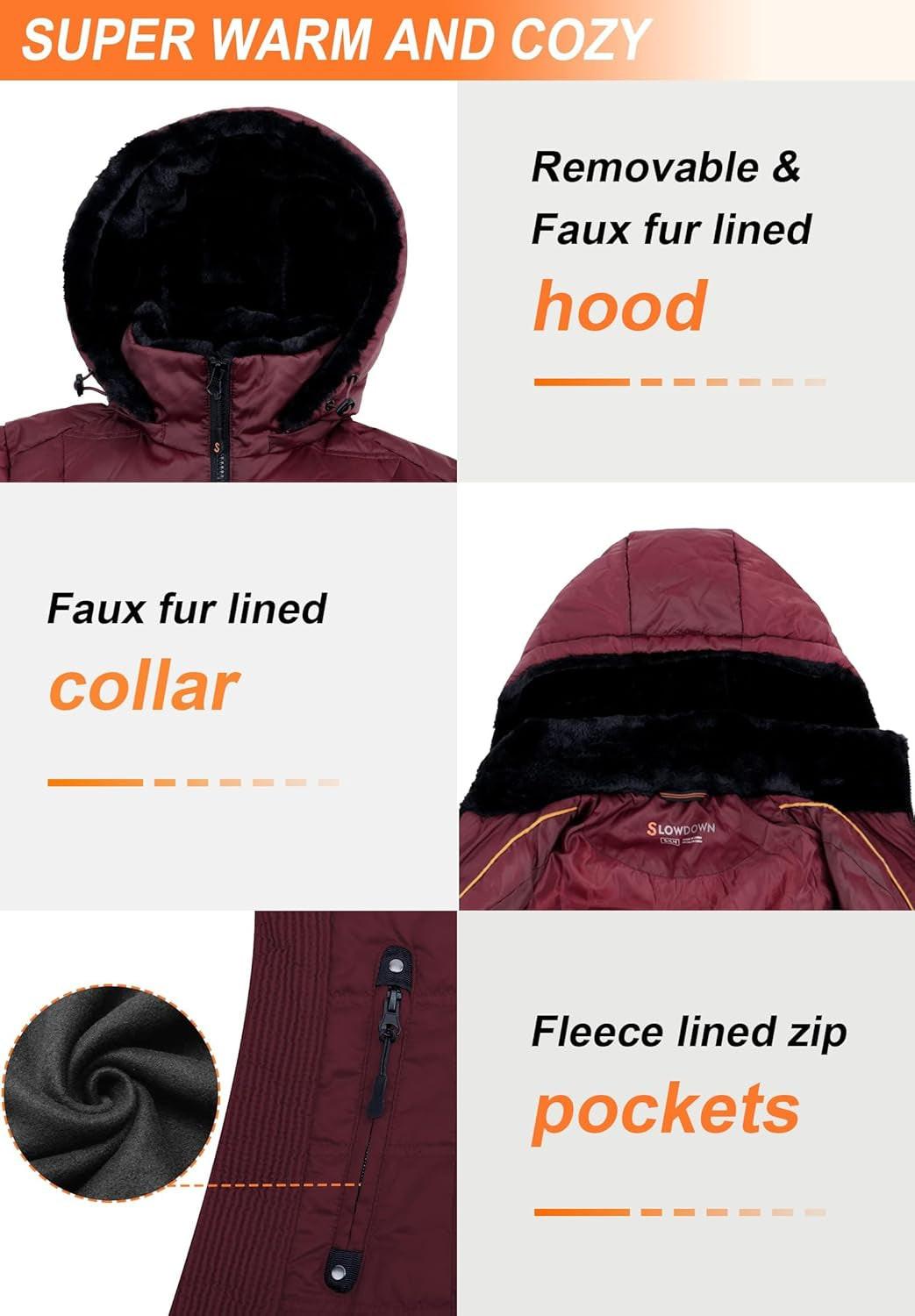 Women down Puffer Jacket Warm Hooded Winter down Puffer Coat with Faux-Fur Hood & Collar.