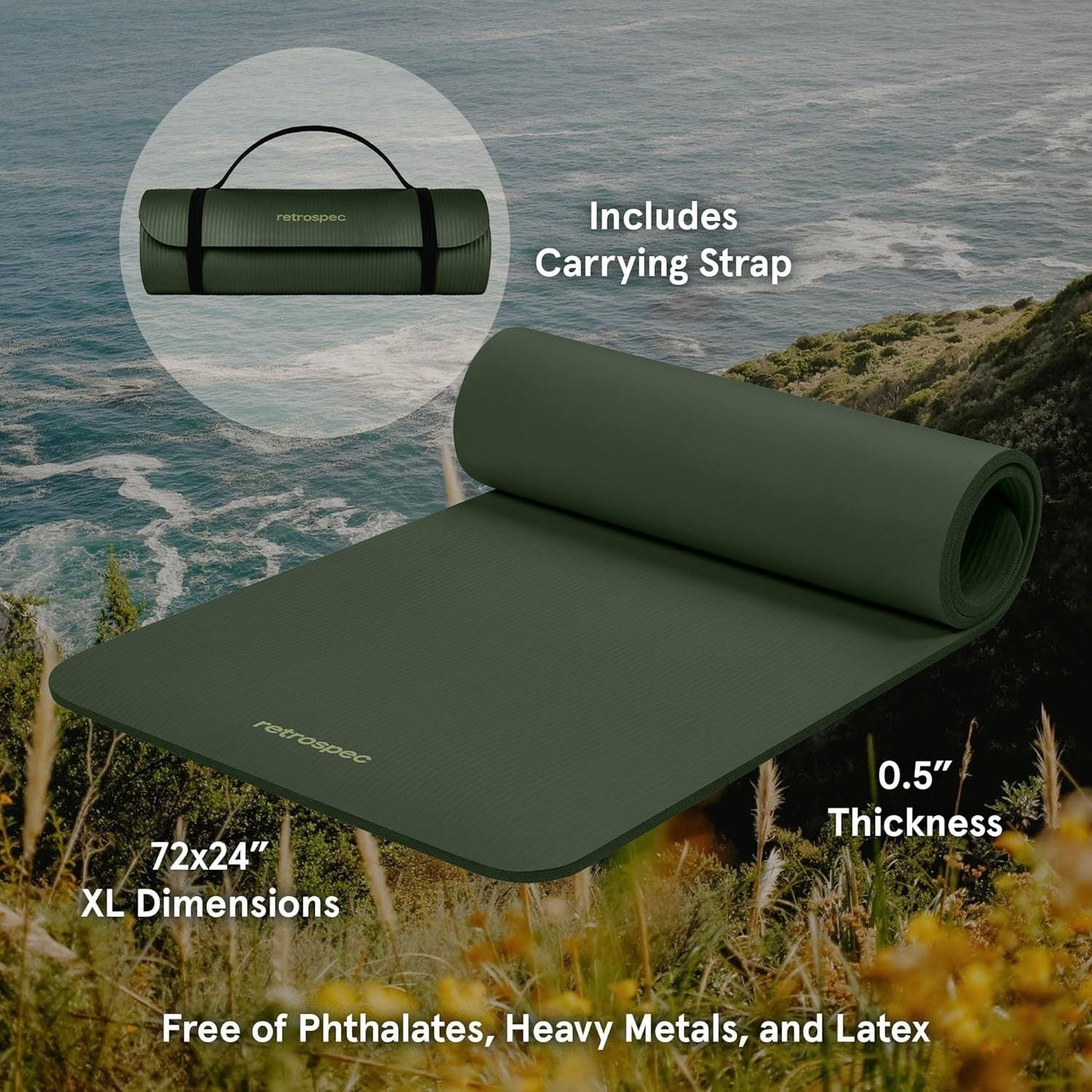Solana Yoga Mat 1/2" Thick W/Nylon Strap for Men & Women - Non Slip Exercise Mat for Yoga, Pilates, Stretching, Floor & Fitness Workouts.