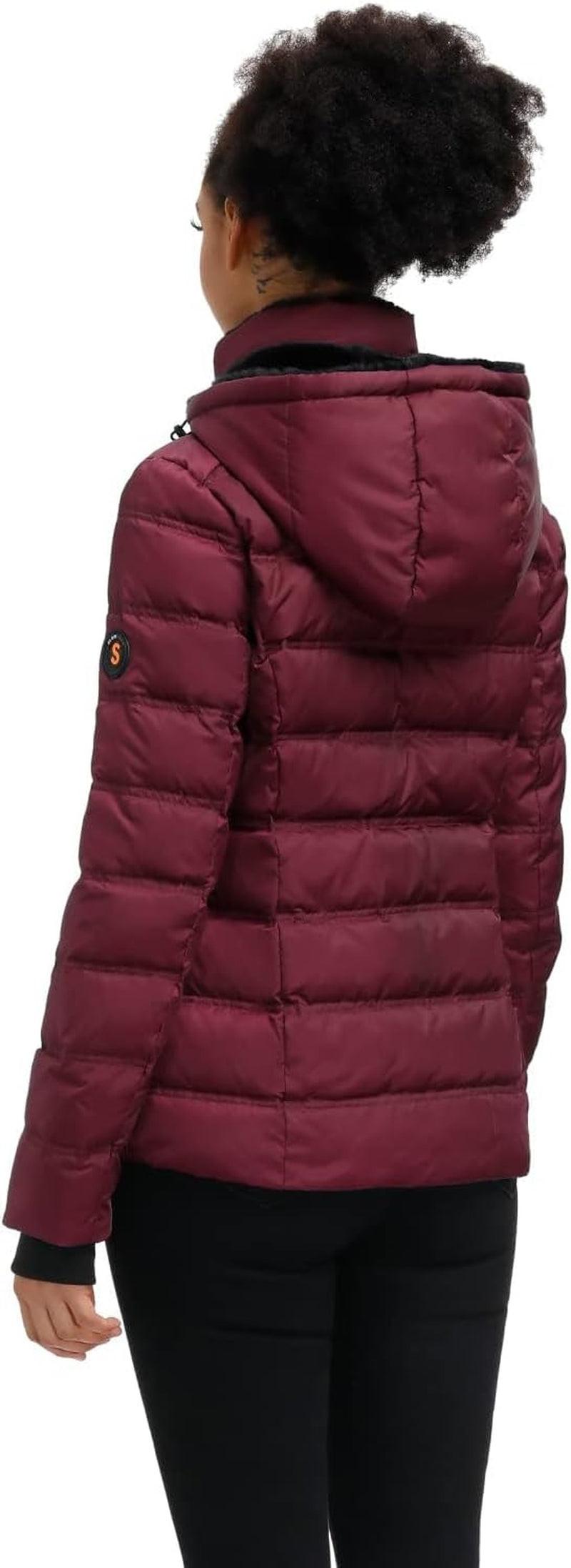 Women down Puffer Jacket Warm Hooded Winter down Puffer Coat with Faux-Fur Hood & Collar.