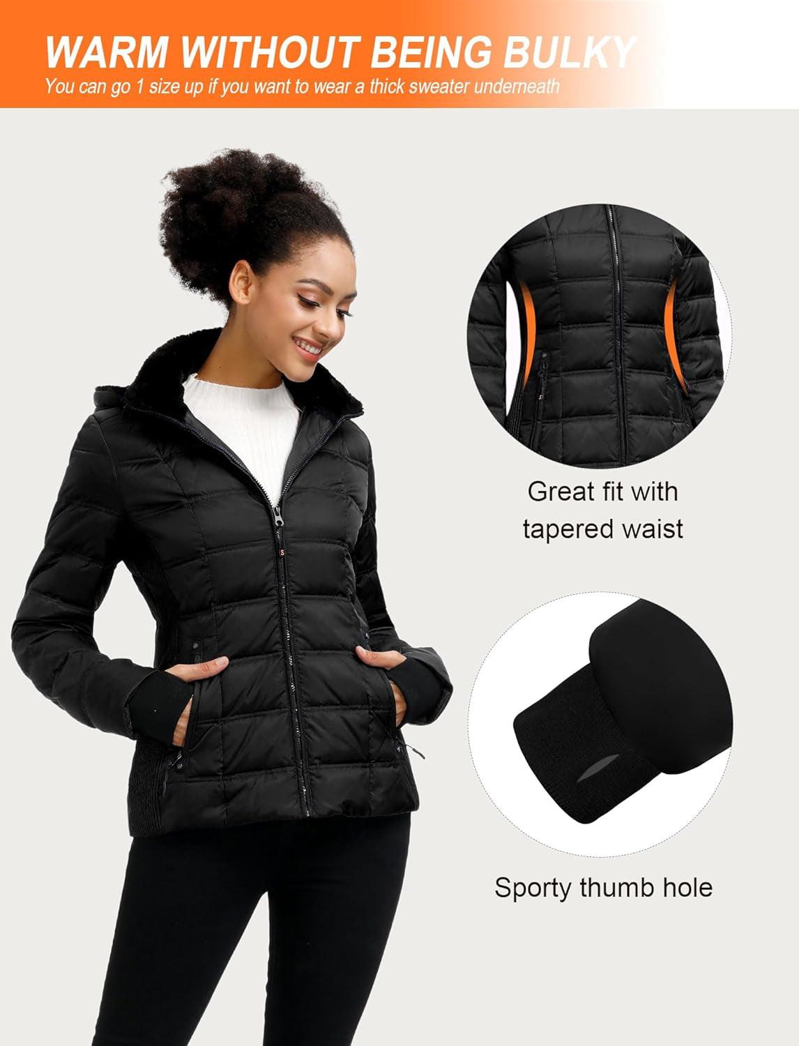 Women down Puffer Jacket Warm Hooded Winter down Puffer Coat with Faux-Fur Hood & Collar.