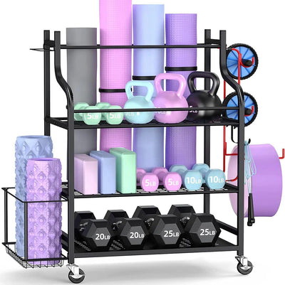 Yoga Mat Storage Racks,Home Gym Storage Rack for Dumbbells Kettlebells Foam Roller, Yoga Strap and Resistance Bands, Workout Equipment Storage Organizer with Hooks and Wheels.