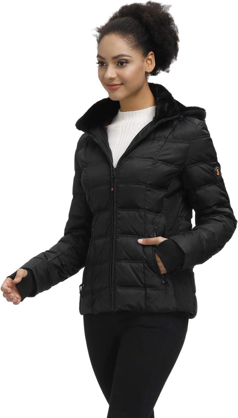 Women down Puffer Jacket Warm Hooded Winter down Puffer Coat with Faux-Fur Hood & Collar.