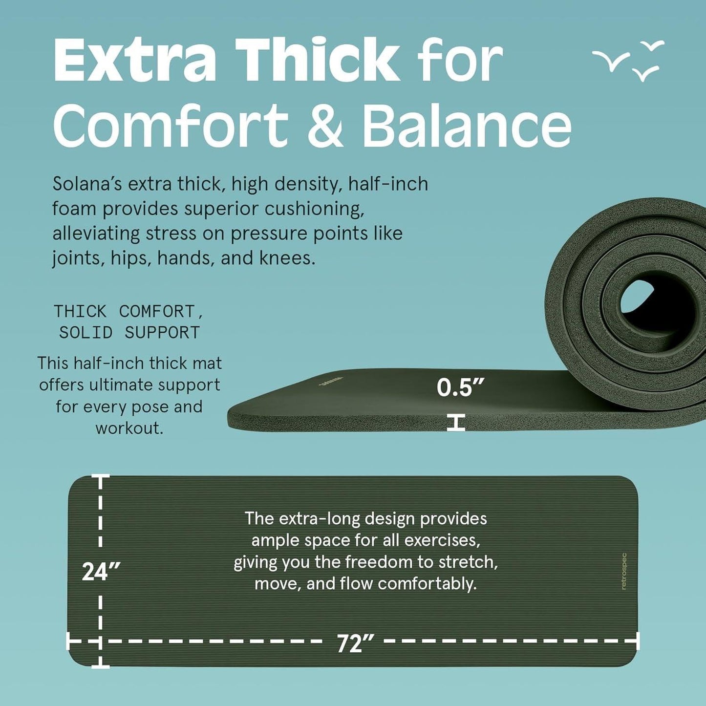 Solana Yoga Mat 1/2" Thick W/Nylon Strap for Men & Women - Non Slip Exercise Mat for Yoga, Pilates, Stretching, Floor & Fitness Workouts.