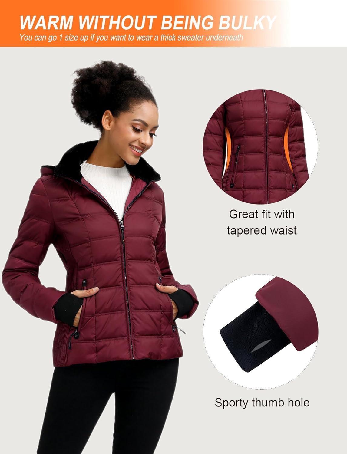 Women down Puffer Jacket Warm Hooded Winter down Puffer Coat with Faux-Fur Hood & Collar.
