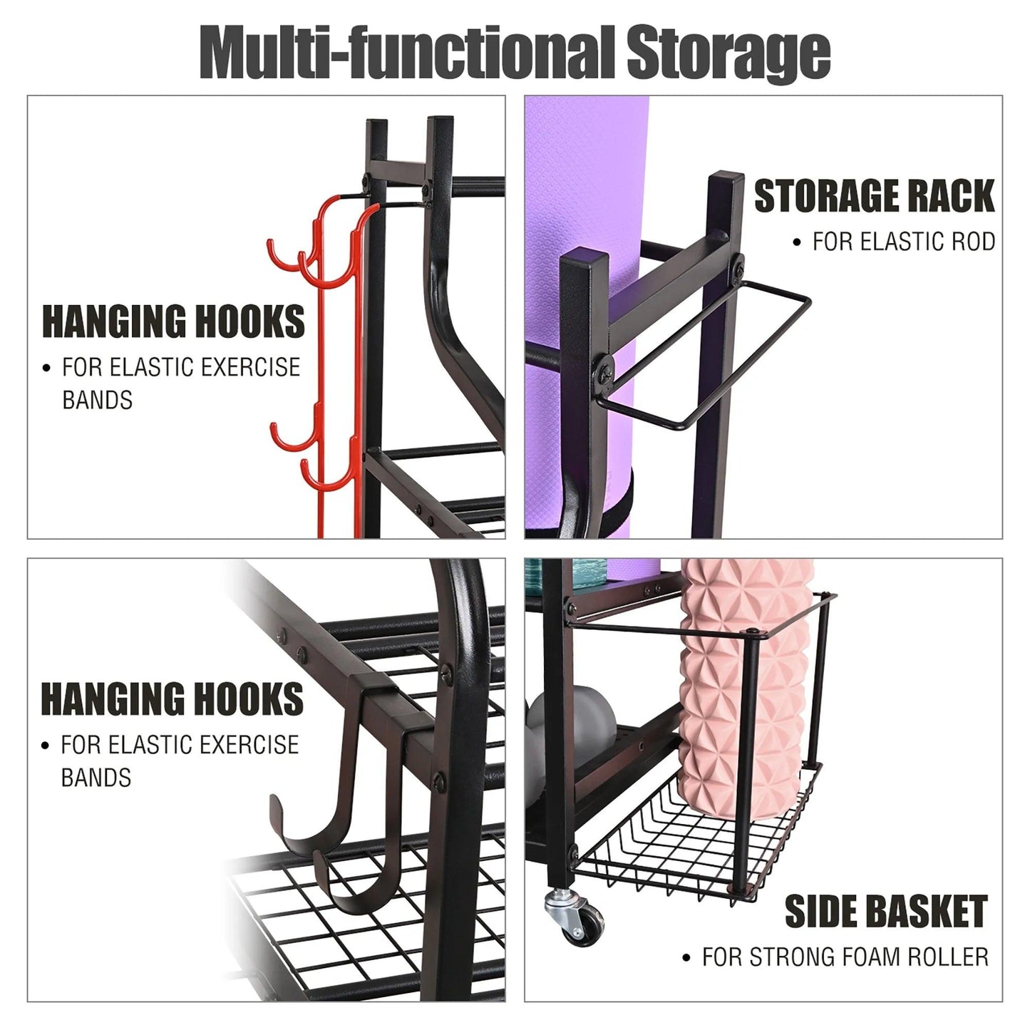 Yoga Mat Storage Racks,Home Gym Storage Rack for Dumbbells Kettlebells Foam Roller, Yoga Strap and Resistance Bands, Workout Equipment Storage Organizer with Hooks and Wheels.