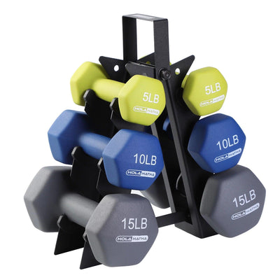 5, 10, and 15 Lb Neoprene Dumbbell Free Hand Weight Set & Rack.