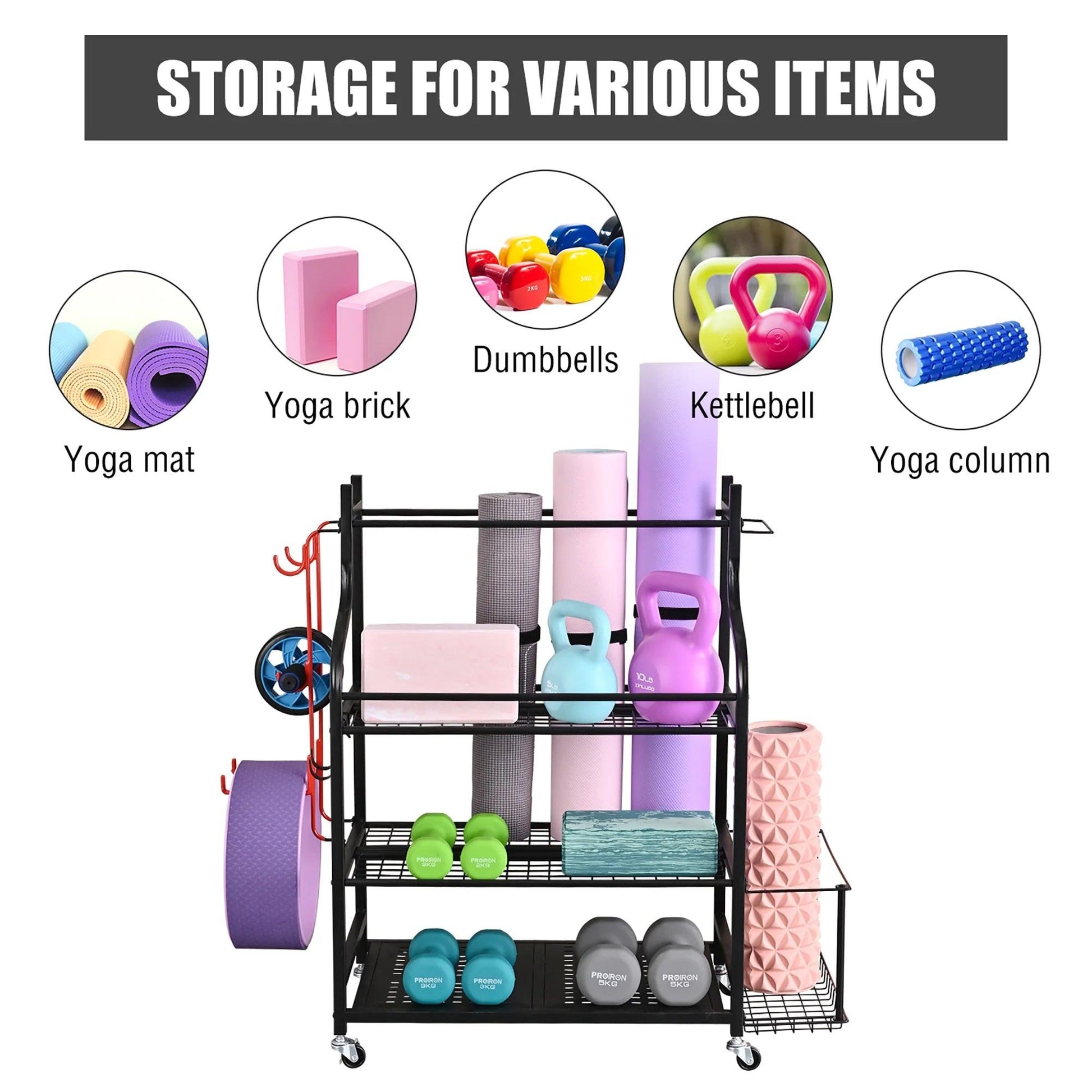 Yoga Mat Storage Racks,Home Gym Storage Rack for Dumbbells Kettlebells Foam Roller, Yoga Strap and Resistance Bands, Workout Equipment Storage Organizer with Hooks and Wheels.