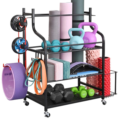 Yoga Mat Storage Racks,Home Gym Storage Rack for Dumbbells Kettlebells Foam Roller, Yoga Strap and Resistance Bands, Workout Equipment Storage Organizer with Hooks and Wheels.