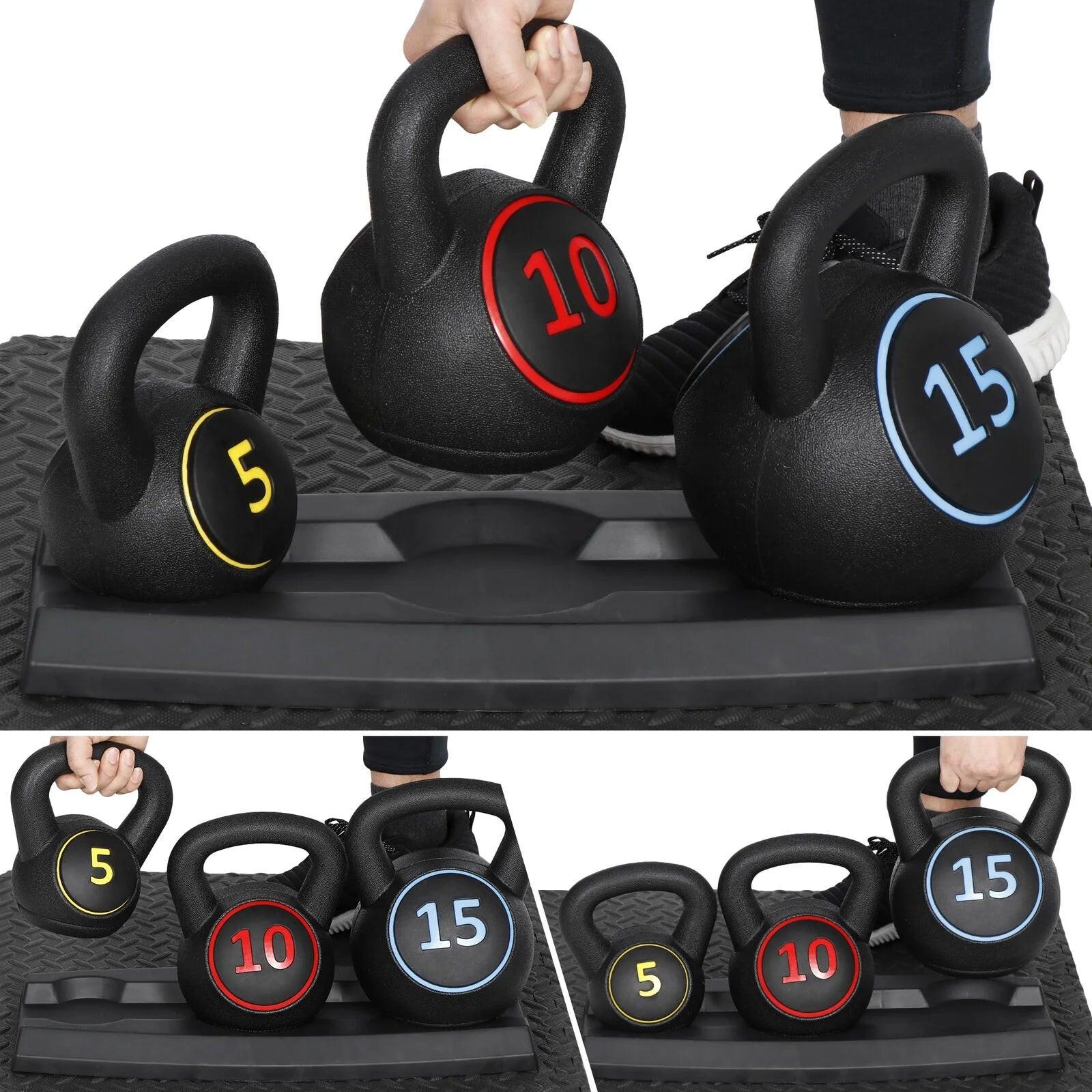 3-Piece Kettlebell Set with Storage Rack Home Gym Exercise Fitness Weights.