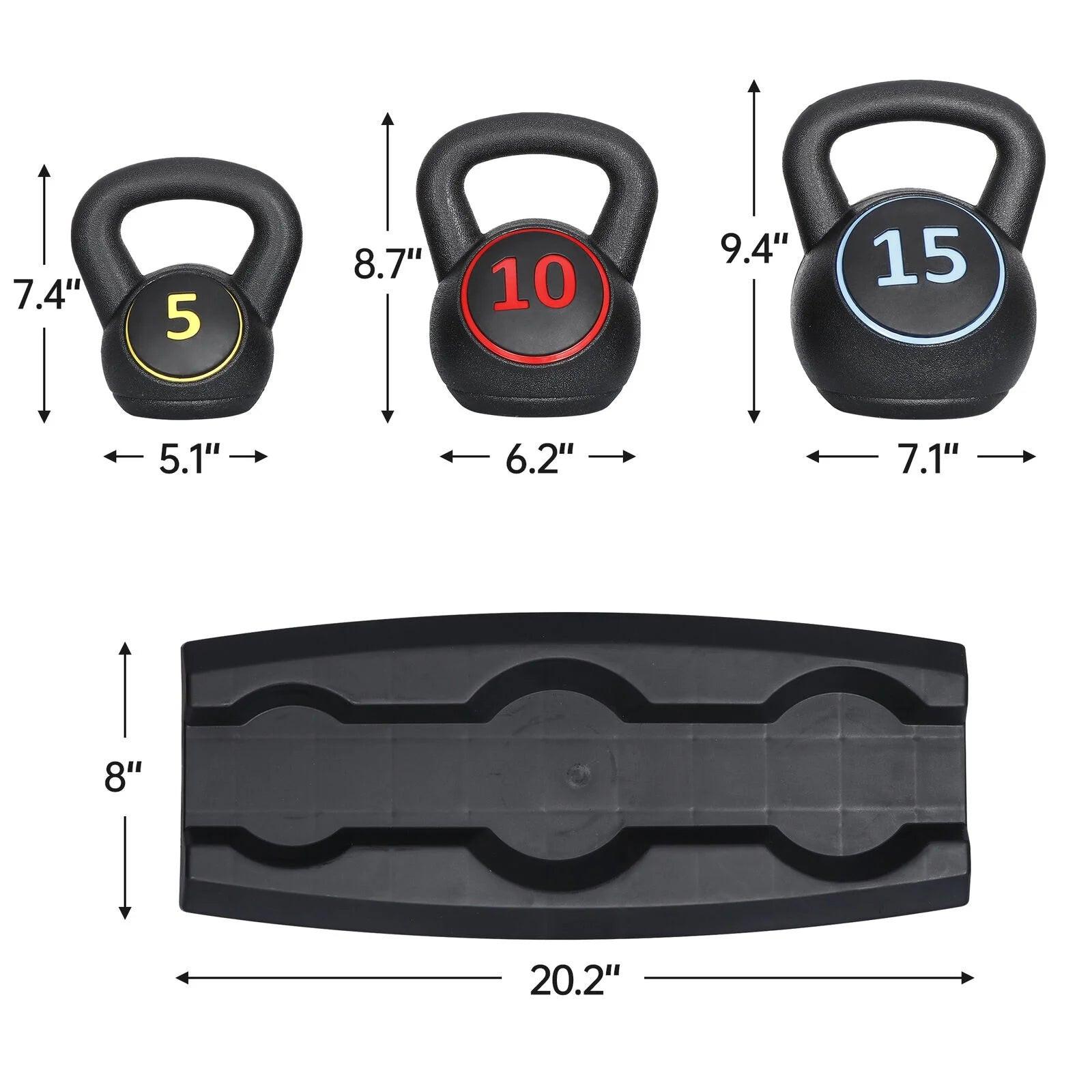 3-Piece Kettlebell Set with Storage Rack Home Gym Exercise Fitness Weights.