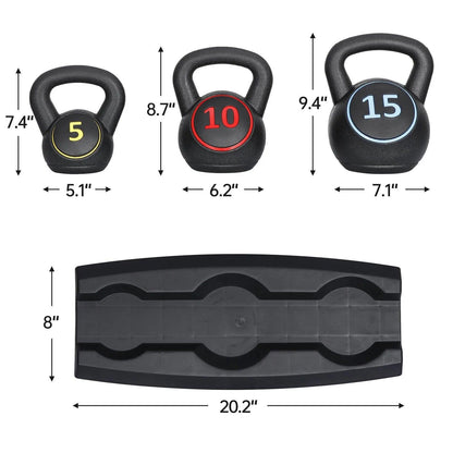 3-Piece Kettlebell Set with Storage Rack Home Gym Exercise Fitness Weights.